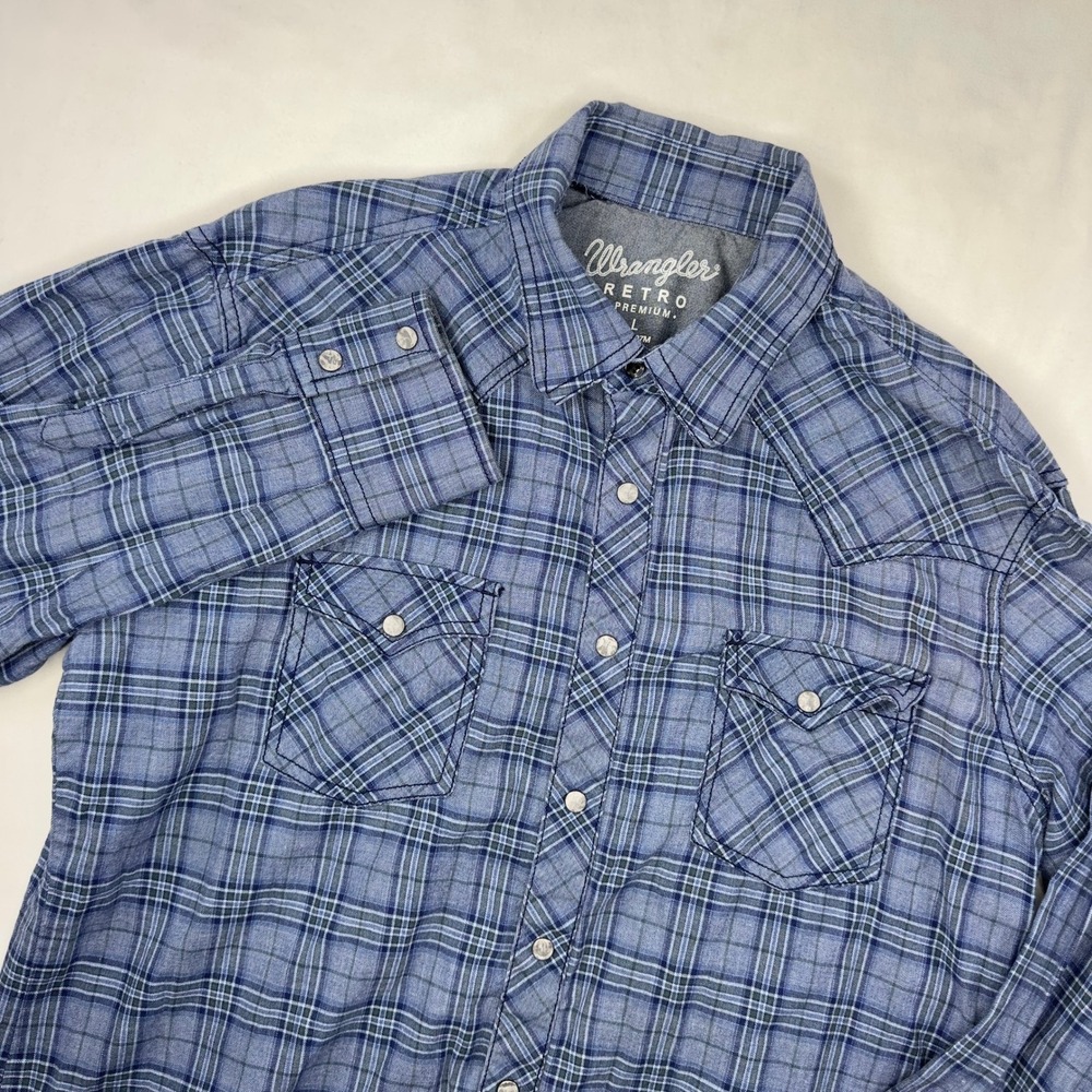 Wrangler Retro Shirt‎ Men's Large Blue Plaid Pearl Snap Western L/S Button Down